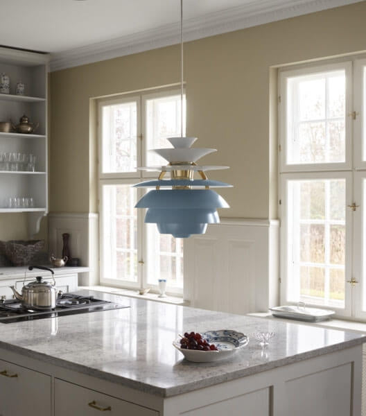 PH SNOWBALL PENDELLEUCHTE, DUSTY BLUE/MESSING