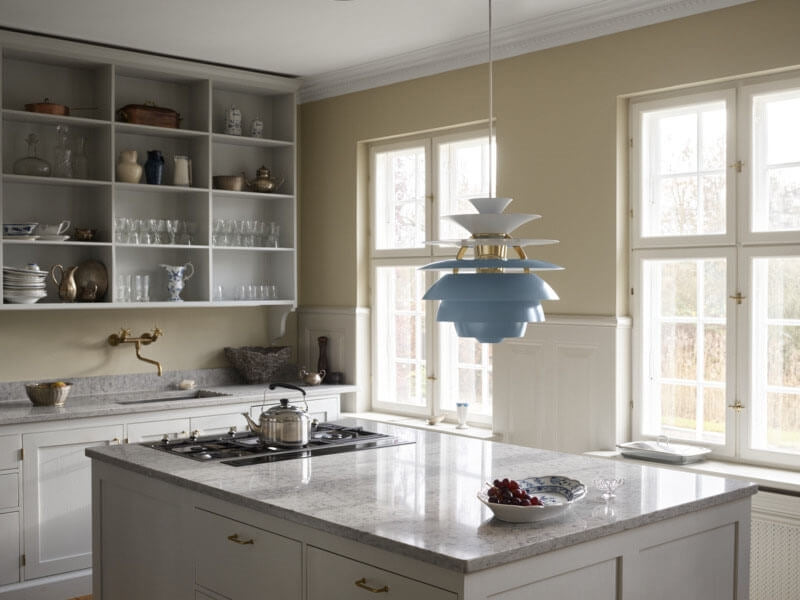 PH SNOWBALL PENDELLEUCHTE, DUSTY BLUE/MESSING