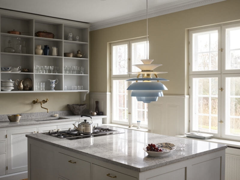 PH SNOWBALL PENDELLEUCHTE, DUSTY BLUE/MESSING