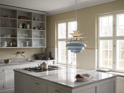 PH SNOWBALL PENDELLEUCHTE, DUSTY BLUE/MESSING